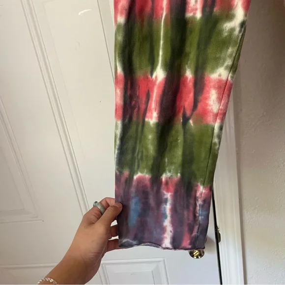 SANDRINE ROSE pink green striped tie dye knit cotton straight leg cropped pants